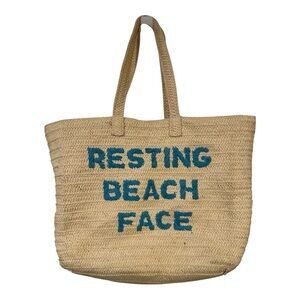 BTB Los Angeles Resting Beach Face Straw Tote Bag Blue Embroidered